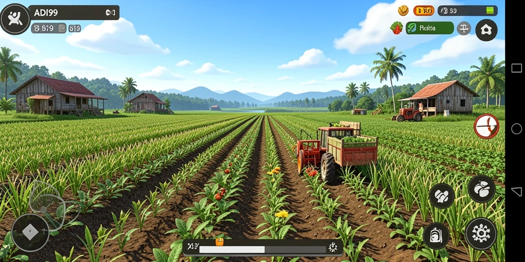 Screenshot gameplay ADI99 menunjukkan keseruan bertani di lahan hijau.