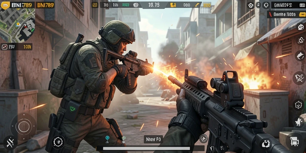 Screenshot gameplay BNI789 menunjukkan aksi tembak-menembak yang mendebarkan.