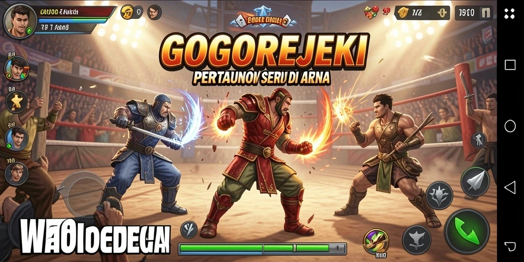 Screenshot GOGOREJEKI menampilkan pertarungan seru antara karakter di arena.
