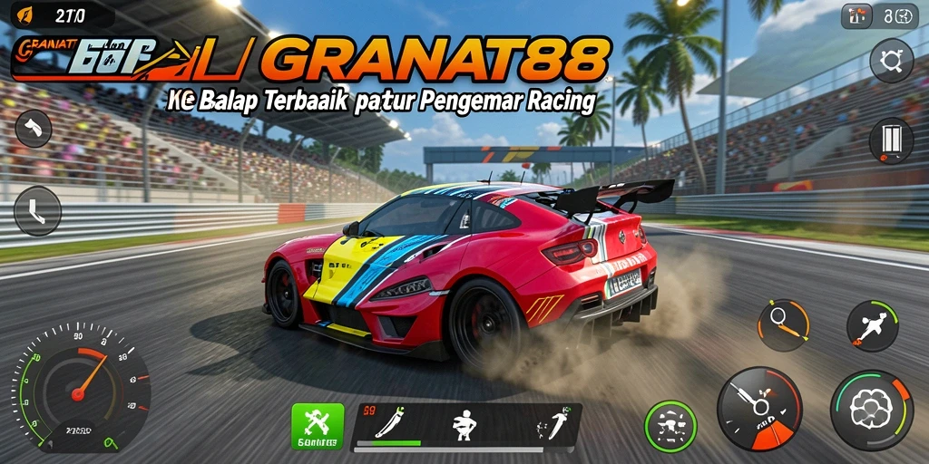 Screenshot GRANDAT88 menampilkan aksi balap yang mendebarkan.