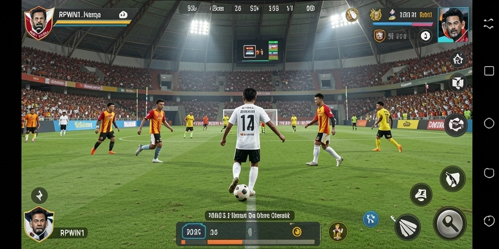 Screenshot utama RPWIN1 menampilkan aksi mendebarkan dalam pertandingan sepak bola.