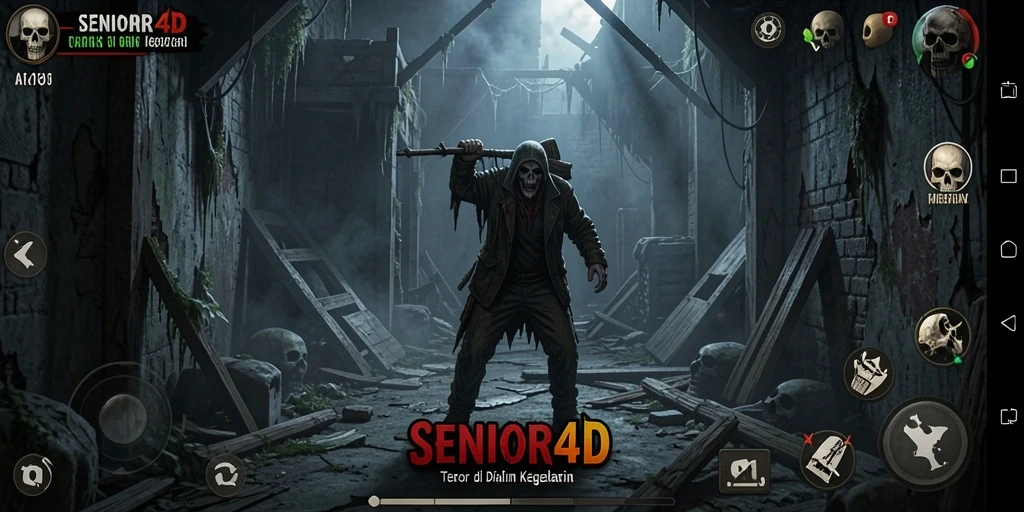 Tangkapan layar gameplay SENIOR4D menampilkan suasana mencekam di rumah berhantu.